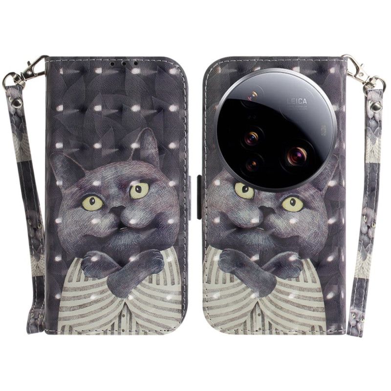Lærdeksel Folio Deksel Xiaomi 15 Ultra Mobildeksel Grå Katt Med Snor