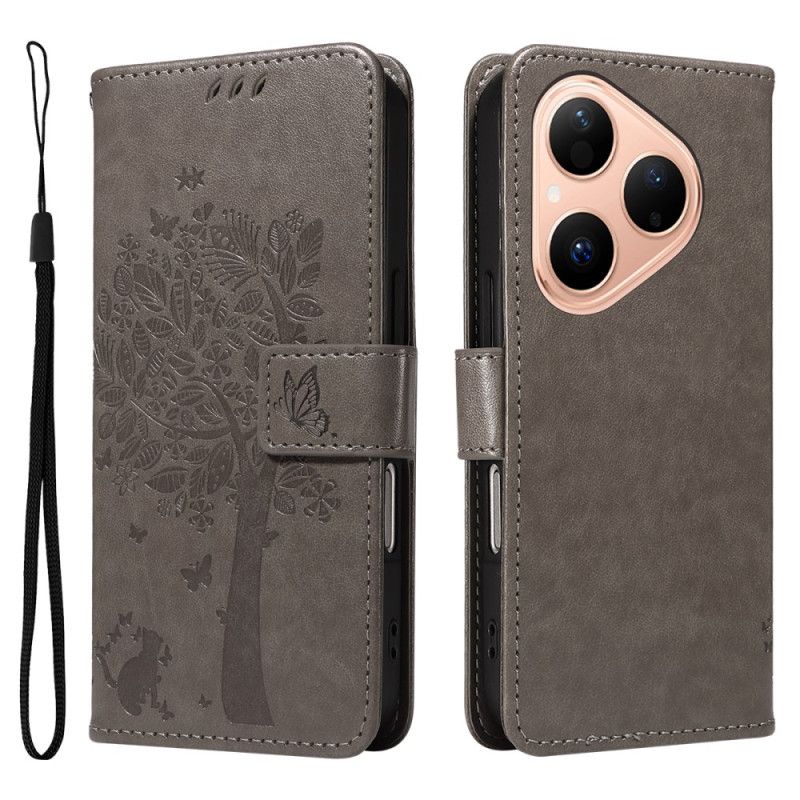 Lærdeksel Folio Deksel Huawei Pura 80 Mobildeksel Katt Og Tre