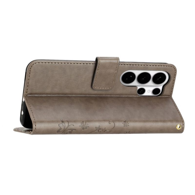 Lærdeksel Folio Deksel Samsung Galaxy S26 Ultra Mobildeksel Sommerfugl Og Blomster