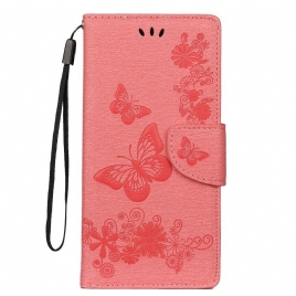 Lærdeksel Til Samsung Galaxy Note 10 Plus Med Kjede Sommerfugler Og Blomsterbånd