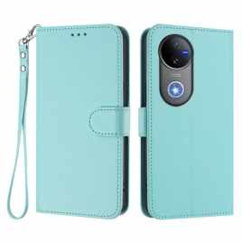 Lærdeksel Folio Deksel Vivo V50e 5g Ensfarget Fuskeskinn Med Snor