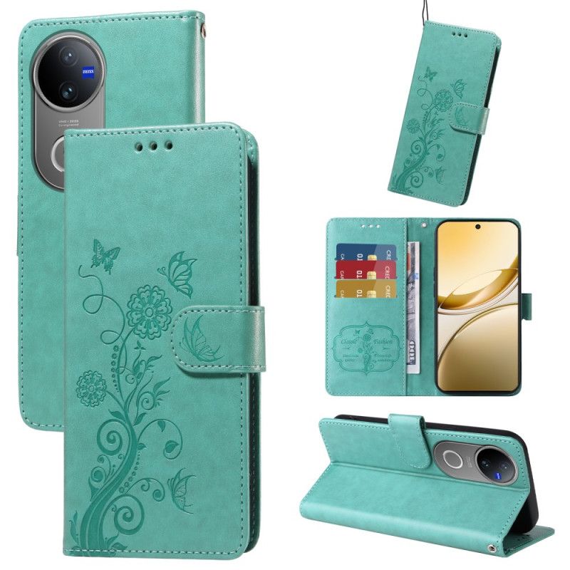 Lærdeksel Folio Deksel Vivo V50 5g Mobildeksel Blomstersommerfuglmønster