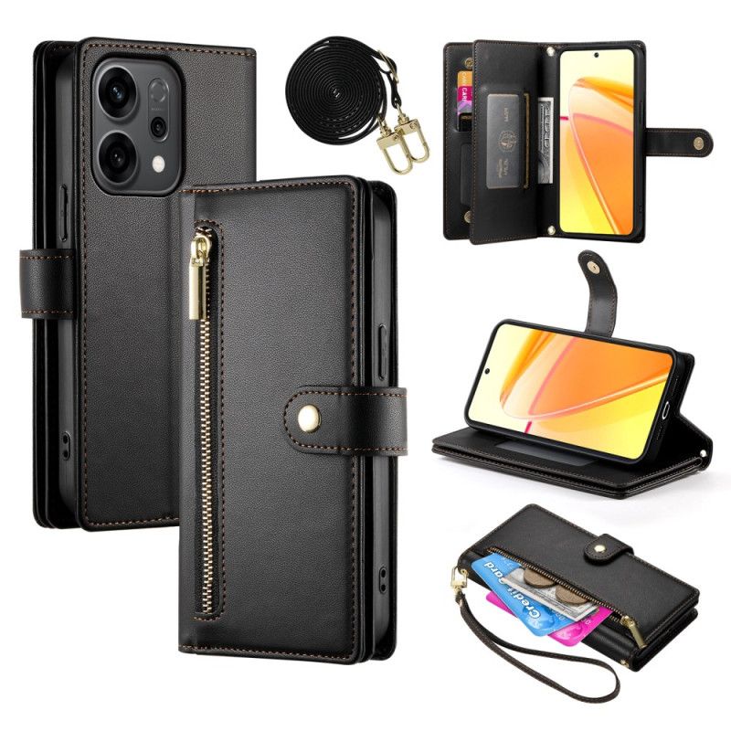 Lærdeksel Folio Deksel Oppo Reno 14 5g Mobildeksel Veske Med Glidelås Og Stropper