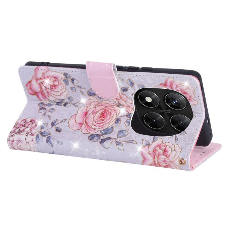 Lærdeksel Folio Deksel Xiaomi Redmi Note 14 Pro 5g Mobildeksel Rfid-blokkerende Blomsterdesign