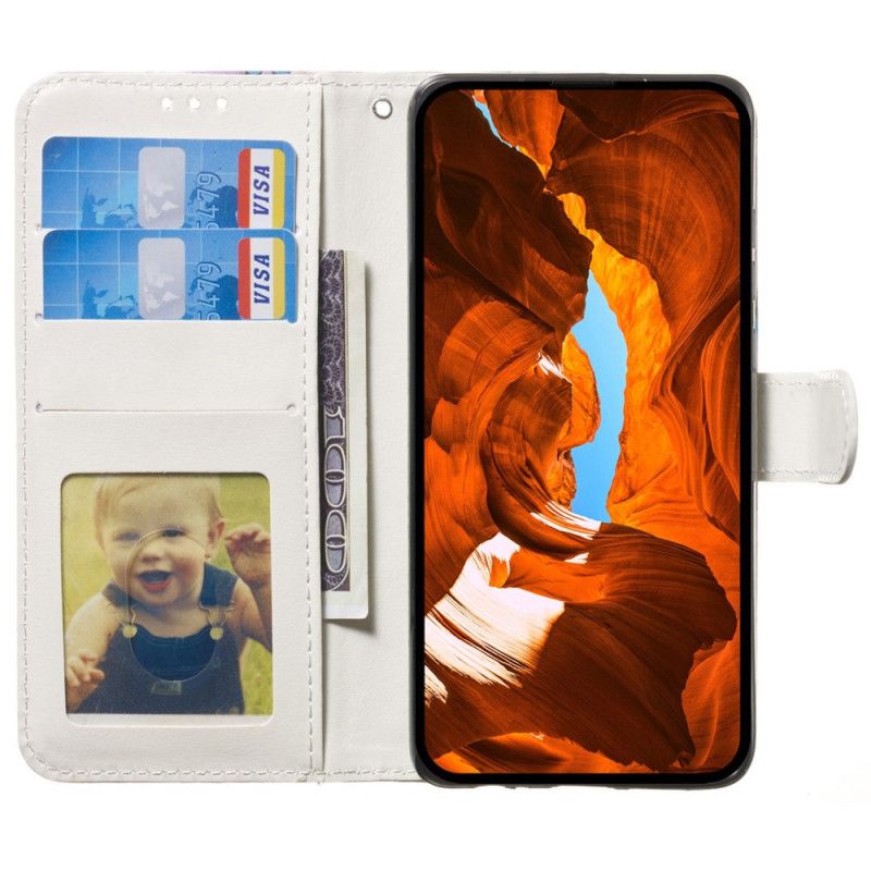 Folio Deksel Motorola Edge 50 Lilla Blomster Og Blå Sommerfugler Premium Beskyttelse Deksel