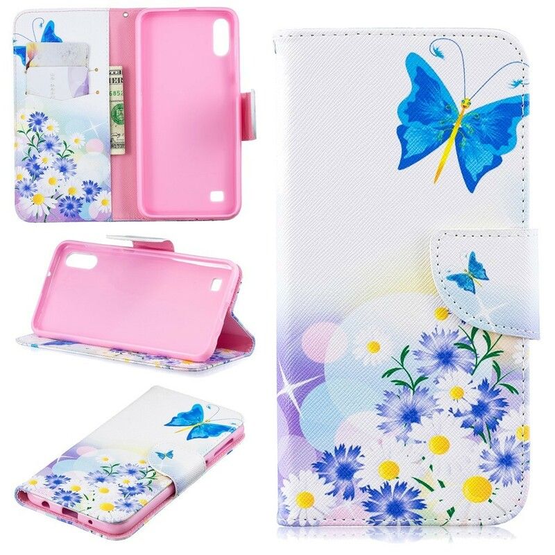 Folio Deksel Til Samsung Galaxy A10 Malede Sommerfugler Og Blomster