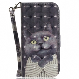 Lærdeksel Til Realme C35 Med Kjede Grå Strappy Cat