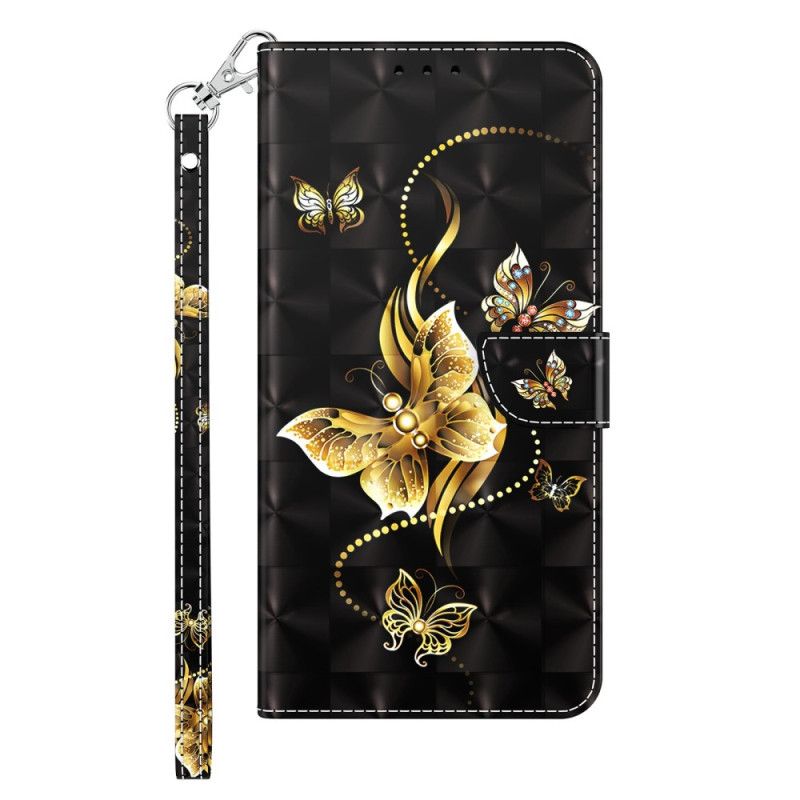 Folio Deksel Til iPhone 14 Pro Med Kjede Golden Stropp Sommerfugler