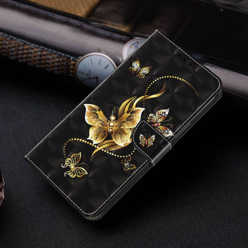 Folio Deksel Til iPhone 14 Pro Med Kjede Golden Stropp Sommerfugler