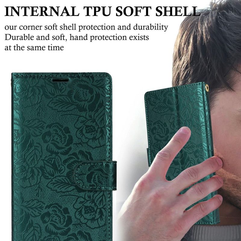 Lærdeksel Folio Deksel Samsung Galaxy S25 5g Mobildeksel Snor I Blomstertrykk