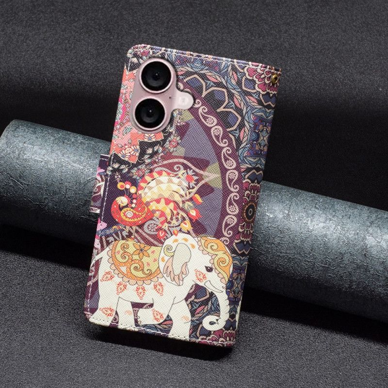 Lærdeksel Folio Deksel iPhone 16 Plus Mobildeksel Tribal Elephant Lommebok Med Stropp