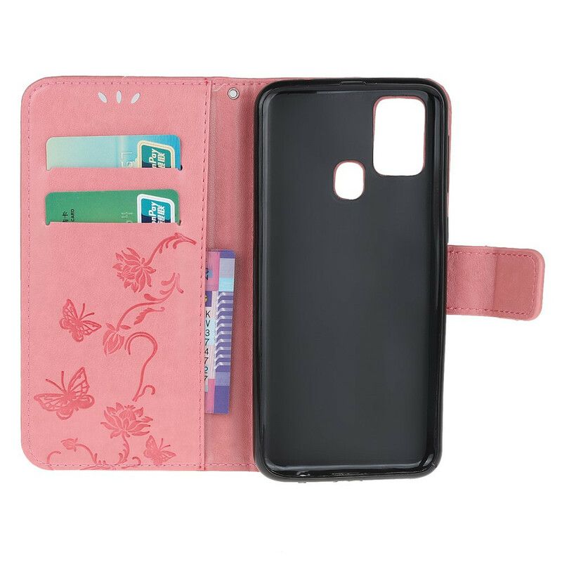 Folio Deksel Til Samsung Galaxy M21 Med Kjede Thong Sommerfugler Og Blomster