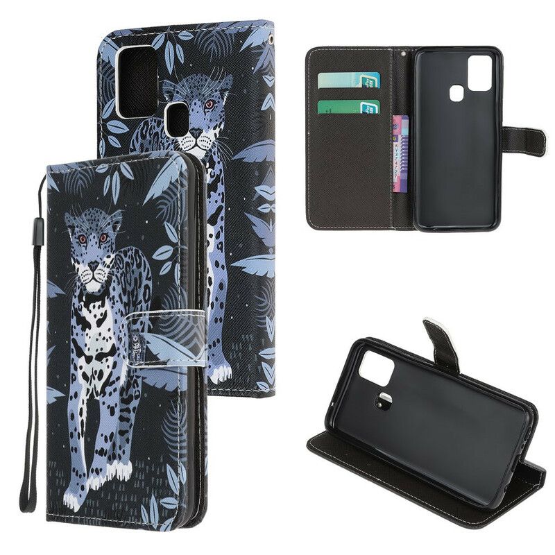 Lærdeksel Til Samsung Galaxy M21 Med Kjede Thong Leopard
