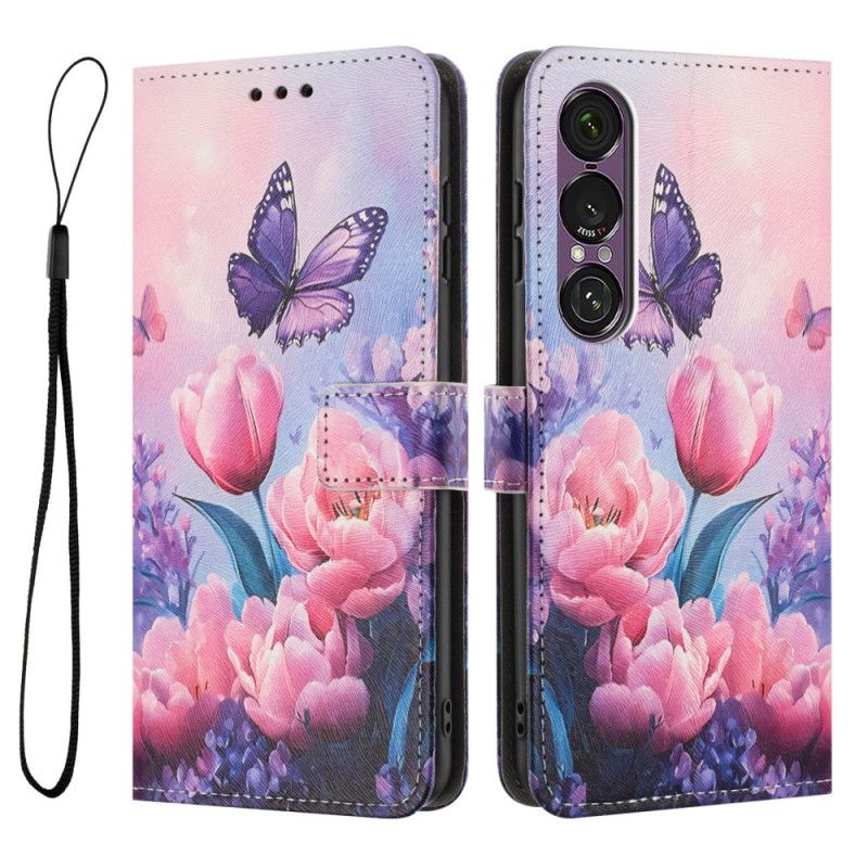 Folio Deksel Sony Xperia 1 Vii Blomster- Og Sommerfuglmønster