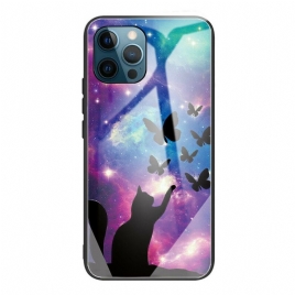 Mobildeksel Til iPhone 13 Pro Katt Og Sommerfugler I Herdet Glass I Verdensrommet