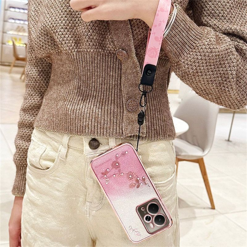 Deksel Realme 14 5g Kadem Blomster Og Rhinestones Med Snor