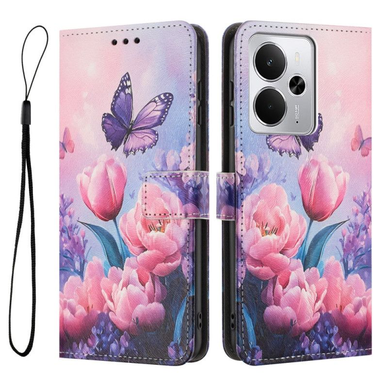 Folio Deksel Til Realme 14 5g Rosa Blomster Og Sommerfugler