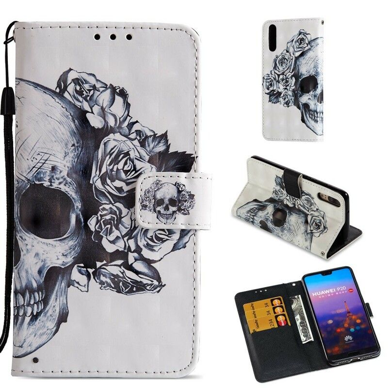 Folio Deksel Til Huawei P20 3d Blomsterhodeskalle