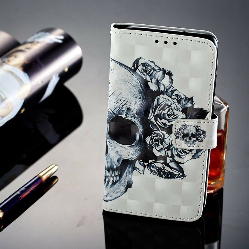 Folio Deksel Til Huawei P20 3d Blomsterhodeskalle