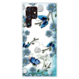 Deksel Til Samsung Galaxy S22 Ultra 5G Retro Sommerfugler Og Blomster