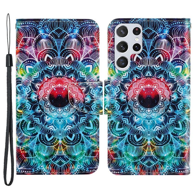 Folio Deksel Til Samsung Galaxy S22 Ultra 5G Med Kjede Flashy Strappy Mandala