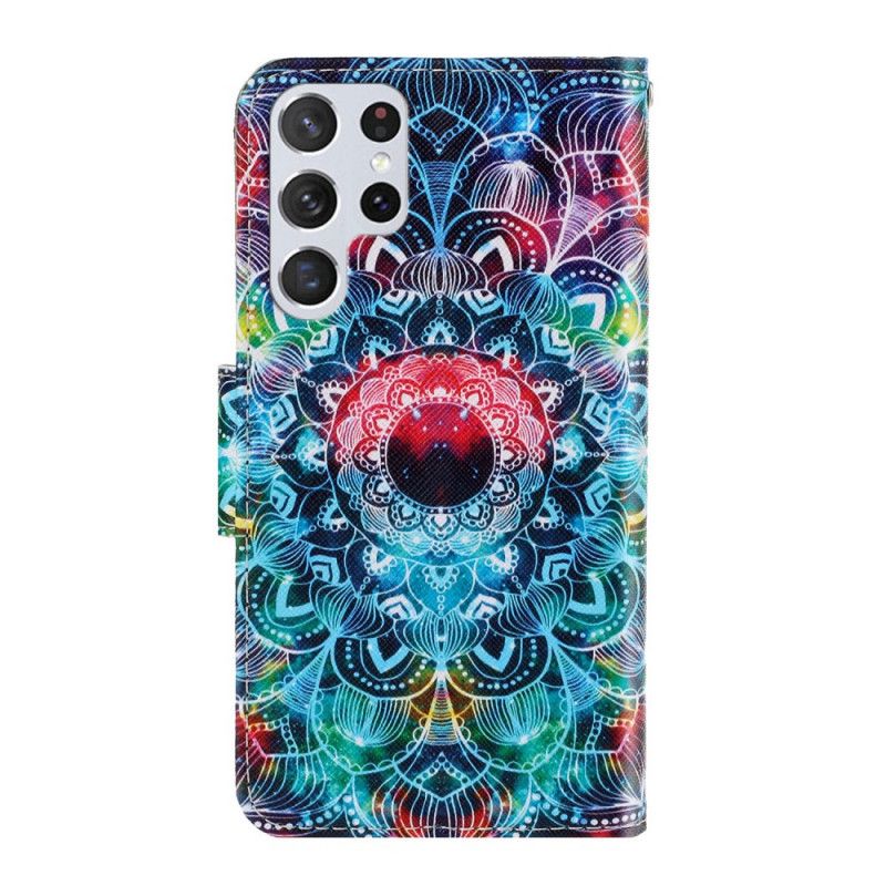Folio Deksel Til Samsung Galaxy S22 Ultra 5G Med Kjede Flashy Strappy Mandala