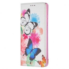 Lærdeksel Til Samsung Galaxy S22 Ultra 5G Malede Sommerfugler Og Blomster