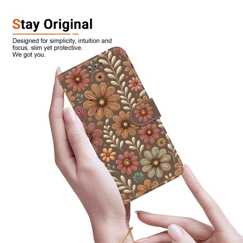 Folio Deksel Xiaomi Redmi Note 15 5g Brune Blomster Beskyttelse Deksel