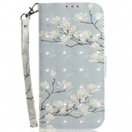 Folio Deksel Xiaomi Redmi Note 15 5g Hvite Magnoliaer Med Snor