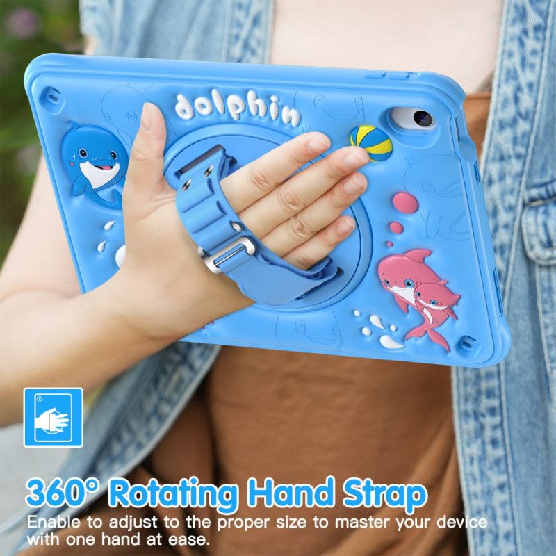 Deksel iPad (2025) Roterende Stativ Med Delfiner Og Stropp For Barn