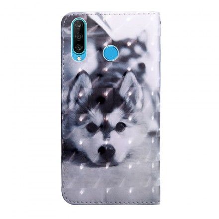 Folio Deksel Til Huawei P30 Lite Svart Og Hvit Hund