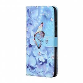 Lærdeksel Til Samsung Galaxy A13 5G / A04s Med Kjede Strappy Diamond Sommerfugler