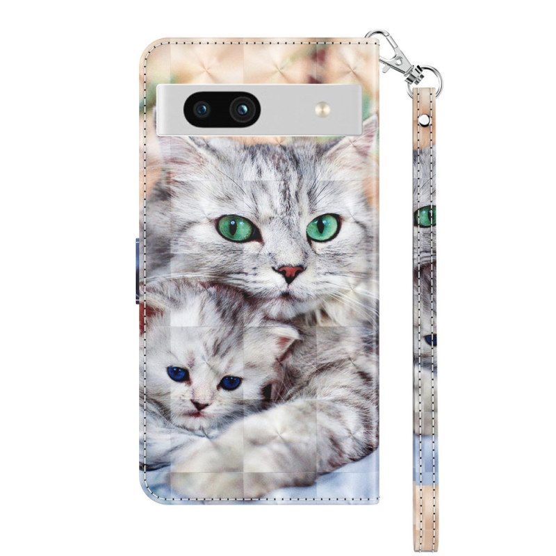 Folio Deksel Til Google Pixel 7A Med Kjede Strappy Cat Family