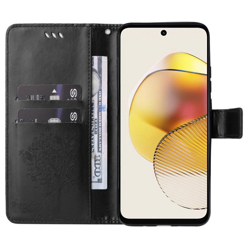 Folio Deksel Til Moto G73 5G Med Kjede Tre Og Strappy Cat