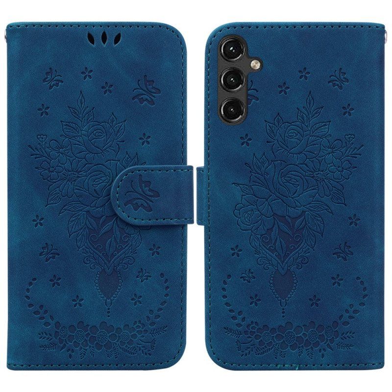 Folio Deksel Til Samsung Galaxy A14 / A14 5G Med Kjede Strappy Roser Og Sommerfugler