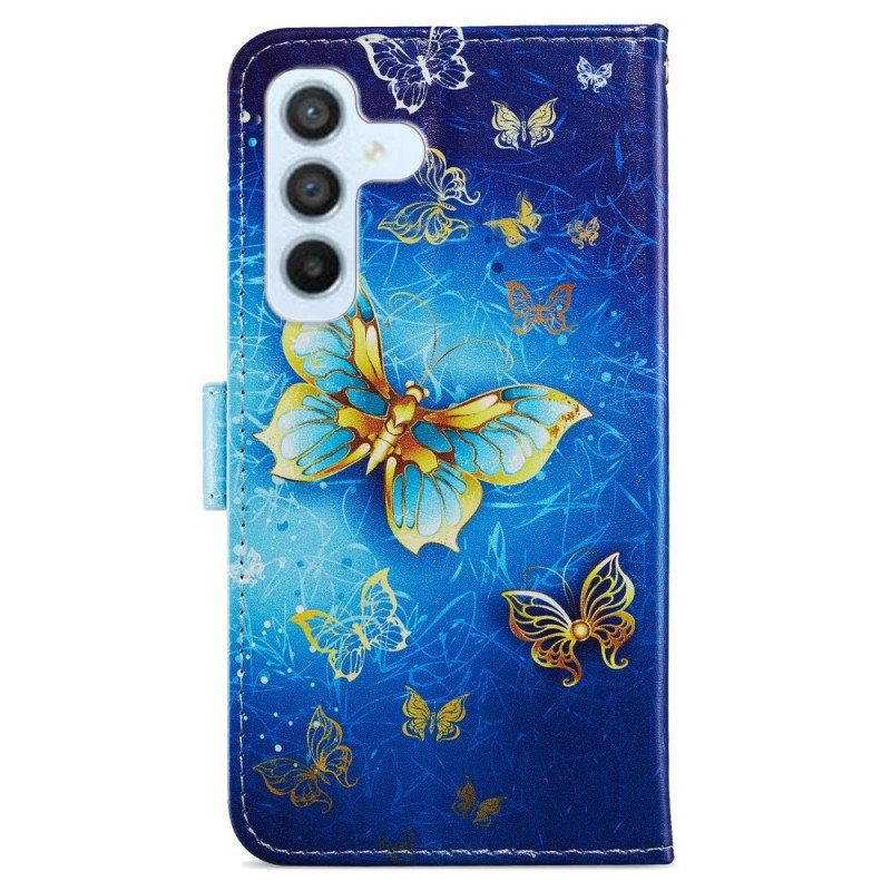 Folio Deksel Til Samsung Galaxy A54 5G Med Kjede Gylne Sommerfugler Med Stropp