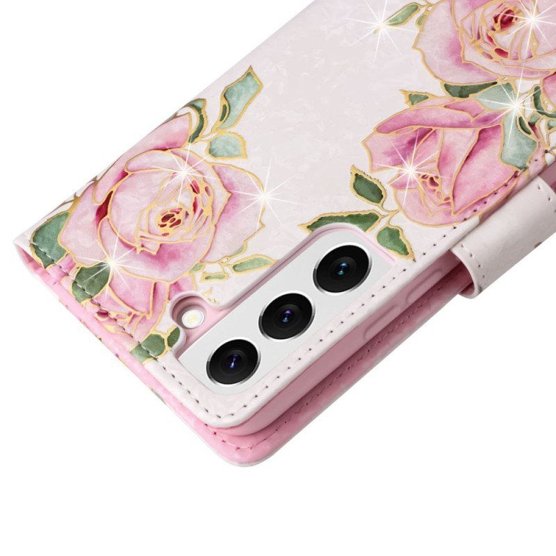 Folio Deksel Til Samsung Galaxy S23 5G Rfid-blomster Med Snor