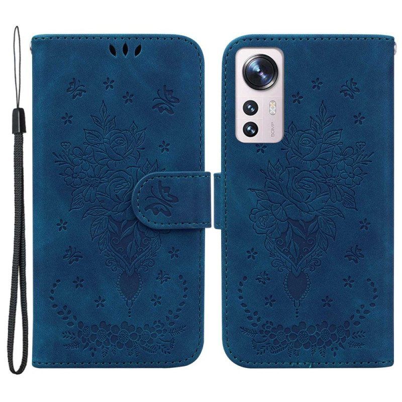 Folio Deksel Til Xiaomi 12 / 12X Med Kjede Strappy Roser Og Sommerfugler